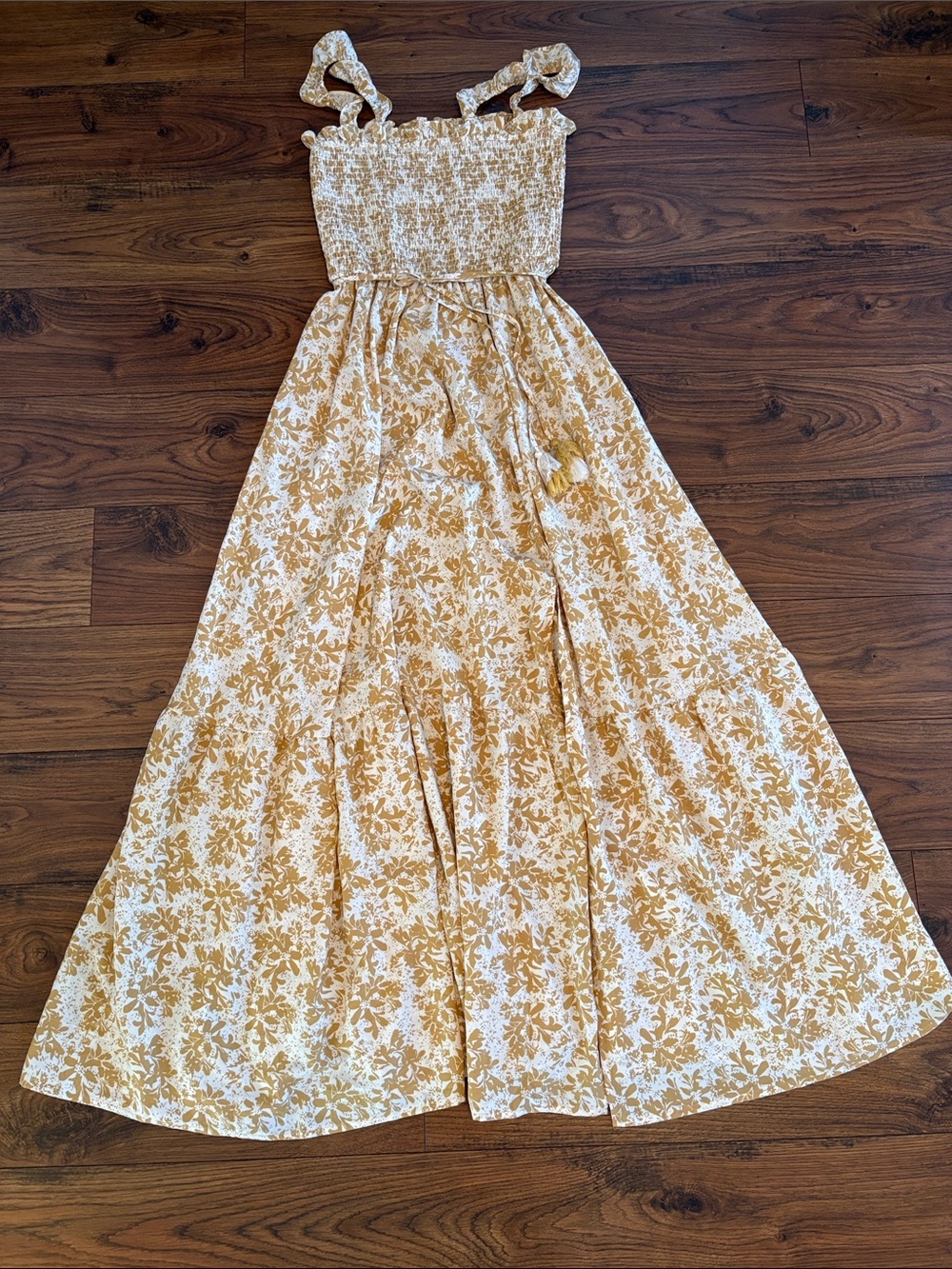 Aakaa Mustard Floral Smocked Maxi Dress